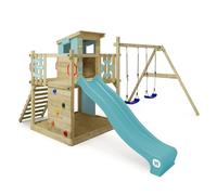 Wickey Aire de Jeux Smart Camp portique en Bois avec balançoire et Toboggan, Tour d'escalade pour Enfants avec bac à Sable, échelle et Accessoires de Jeu pour Le Jardin - Bleu Pastel