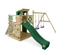 WICKEY Aire de Jeux Smart Camp portique en Bois avec balançoire et Toboggan Vert, Tour d'escalade pour Enfants avec bac à Sable, échelle et Accessoires de Jeu pour Le Jardin.