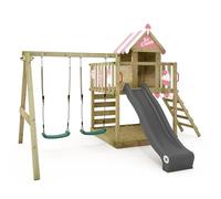 WICKEY Aire de Jeux Smart Candy portique en Bois avec bâche & balançoire et Toboggan, Tour d'escalade pour Enfants avec bac à Sable, échelle et Accessoires de Jeu pour Le Jardin - Rose Pastel