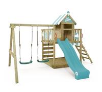 WICKEY Aire de Jeux Smart Candy portique en Bois avec bâche & balançoire et Toboggan, Tour d'escalade pour Enfants avec bac à Sable, échelle et Accessoires de Jeu pour Le Jardin - Bleu Pastel