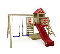 WICKEY Aire de Jeux Smart Cave portique en Bois avec balançoire et Toboggan Rouge, Tour d'escalade pour Enfants avec bac à Sable, échelle et Accessoires de Jeu pour Le Jardin.