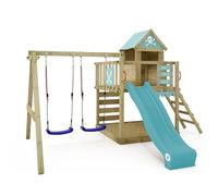 WICKEY Aire de Jeux Smart Cave portique en Bois avec balançoire et Toboggan, Tour d'escalade pour Enfants avec bac à Sable, échelle et Accessoires de Jeu pour Le Jardin. (Bleu Pastel)