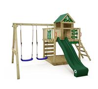 Wickey Aire de Jeux Smart Cave portique en Bois avec balançoire et Toboggan Vert, Tour d'escalade pour Enfants avec bac à Sable, échelle et Accessoires de Jeu pour Le Jardin.