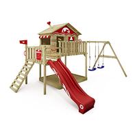 Aire de jeux Portique bois Smart Coast avec balançoire et toboggan rouge WICKEY