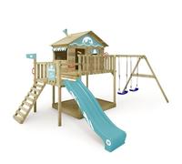 WICKEY Aire de Jeux Smart Coast portique en Bois avec balançoire et Toboggan, Tour d'escalade pour Enfants avec bac à Sable, échelle et Accessoires de Jeu pour Le Jardin. (Bleu Pastel)