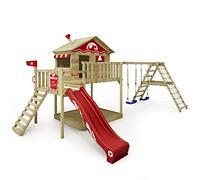 WICKEY Aire de Jeux Smart Ocean portique en Bois avec balançoire et Toboggan Rouge, Tour d'escalade pour Enfants avec bac à Sable, échelle et Accessoires de Jeu pour Le Jardin.