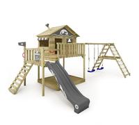 WICKEY Aire de Jeux Smart Ocean portique en Bois avec balançoire et Toboggan, Tour d'escalade pour Enfants avec bac à Sable, échelle et Accessoires de Jeu pour Le Jardin - Anthracite