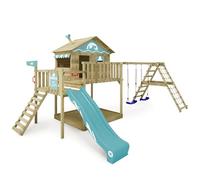 WICKEY Aire de Jeux Smart Ocean portique en Bois avec balançoire et Toboggan, Tour d'escalade pour Enfants avec bac à Sable, échelle et Accessoires de Jeu pour Le Jardin - Bleu Pastel