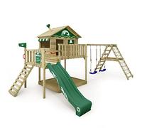 Aire de jeux WICKEY Smart Ocean avec balançoire et toboggan vert sur pilotis avec bac à sable