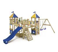 WICKEY Aire de Jeux Smart Queen portique en Bois avec bâche en Bleu-Jaune & balançoire et Toboggan Bleu, Tour d'escalade pour Enfants avec bac à Sable, échelle et Accessoires de Jeu pour Le Jardin.