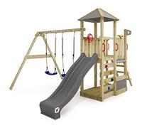 WICKEY Aire de Jeux Smart Savana portique en Bois avec balançoire et Toboggan Anthracite, Tour d'escalade pour Enfants avec bac à Sable, échelle et Accessoires de Jeu pour Le Jardin