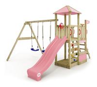 WICKEY Aire de Jeux Smart Savana portique en Bois avec balançoire et Toboggan, Tour d'escalade pour Enfants avec bac à Sable, échelle et Accessoires de Jeu pour Le Jardin. (Rose Pastel)