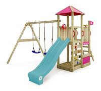 WICKEY Aire de Jeux Smart Savana portique en Bois avec balançoire et Toboggan Turquoise, Tour d'escalade pour Enfants avec bac à Sable, échelle et Accessoires de Jeu pour Le Jardin