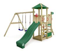WICKEY Aire de Jeux Smart Savana portique en Bois avec balançoire et Toboggan Vert, Tour d'escalade pour Enfants avec bac à Sable, échelle et Accessoires de Jeu pour Le Jardin
