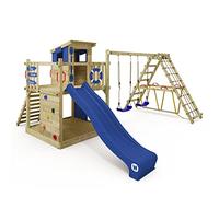 WICKEY Aire de Jeux Smart Surf portique en Bois avec balançoire et Toboggan Bleu, Tour d'escalade pour Enfants avec bac à Sable, échelle et Accessoires de Jeu pour Le Jardin.