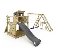 WICKEY Aire de Jeux Smart Surf portique en Bois avec balançoire et Toboggan, Tour d'escalade pour Enfants avec bac à Sable, échelle et Accessoires de Jeu pour Le Jardin. (Anthracite)