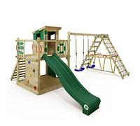 WICKEY Aire de Jeux Smart Surf portique en Bois avec balançoire et Toboggan Vert, Tour d'escalade pour Enfants avec bac à Sable, échelle et Accessoires de Jeu pour Le Jardin