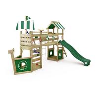 WICKEY Aire de Jeux StormFlyer portique en Bois avec balançoire et Toboggan Vert, Tour d'escalade pour Enfants avec bac à Sable, échelle et Accessoires de Jeu pour Le Jardin.
