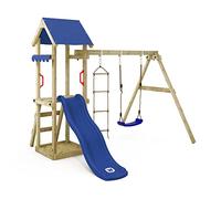 WICKEY Aire de Jeux TinyCabin portique en Bois avec balançoire et Toboggan Bleu, Tour d'escalade pour Enfants avec bac à Sable, échelle et Accessoires de Jeu pour Le Jardin