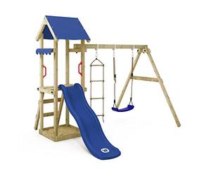 WICKEY Aire de Jeux TinyCabin portique en Bois avec balançoire et Toboggan Bleu, Tour d'escalade pour Enfants avec bac à Sable, échelle et Accessoires de Jeu pour Le Jardin