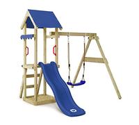 WICKEY Aire de Jeux TinyWave portique en Bois avec balançoire et Toboggan Bleu, Tour d'escalade pour Enfants avec bac à Sable, échelle et Accessoires de Jeu pour Le Jardin.