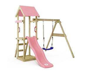 WICKEY Aire de Jeux TinyWave portique en Bois avec balançoire et Toboggan, Tour d'escalade pour Enfants avec bac à Sable, échelle et Accessoires de Jeu pour Le Jardin. (Rose Pastel)