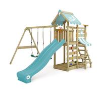 WICKEY Aire de Jeux VanillaFlyer portique en Bois avec bâche & balançoire et Toboggan, Tour d'escalade pour Enfants avec bac à Sable, échelle et Accessoires de Jeu pour Le Jardin - Bleu Pastel