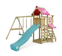 Aire de jeux WICKEY Portique bois VanillaFlyer avec balançoire et toboggan turquois