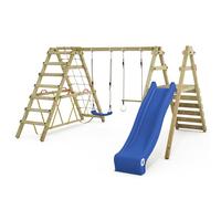 WICKEY Balançoire Smart Shake avec Toboggan Bleu et Portique de Grimper, balançoire Double en Bois pour Le Jardin