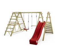 WICKEY Balançoire Smart Shake avec Toboggan Rouge et Portique de Grimper, balançoire Double en Bois pour Le Jardin