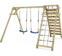 WICKEY Portique de balançoire pour enfants Smart Cliff Balançoire, portique de balançoire, balançoire double, balançoire en bois avec annexe à grimper - bleu
