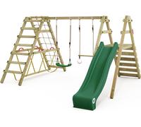 WICKEY Portique de balançoire pour enfants Smart Shake avec toboggan et annexe à grimper, balançoire, portique de balançoire, balançoire double, balançoire en bois - vert