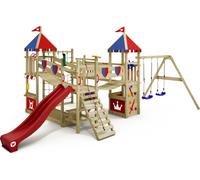WICKEY Tour de jeu Château fort Smart Queen avec balançoire & toboggan, maison de jeu avec bac à sable, échelle d'escalade & accessoires de jeu - rouge
