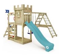 WICKEY Tour de Jeu Structure d'escalade château GateFlyer avec balançoire & Toboggan, Tour d'escalade extérieure pour Enfants avec bac à Sable, échelle & Accessoires de Jeu (Turquoise)