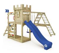 WICKEY Tour de Jeu Structure d'escalade château GateFlyer avec balançoire & Toboggan, Tour d'escalade extérieure pour Enfants avec bac à Sable, échelle & Accessoires de Jeu (Bleu)