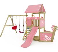 WICKEY Tour de jeux DinkyHouse avec balançoire & toboggan, tour à grimper avec bac à sable, échelle & nez de bateau - rose pastel