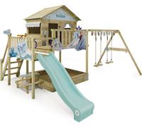 WICKEY Tour de jeux Disney La Reine des Glaces Quest avec balançoire & toboggan, maison sur pilotis avec bac à sable, échelle d'escalade & accessoires de jeu