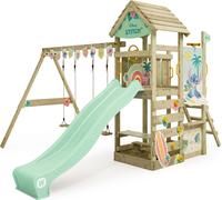 WICKEY Tour de jeux Disney Stitch Adventure avec balançoire & toboggan, tour à grimper avec toit en bois, bac à sable, échelle & accessoires de jeu