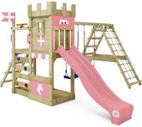WICKEY Tour de jeux DragonFlyer avec balançoire & toboggan, maison de jeux avec bac à sable, échelle d'escalade & accessoires de jeux - rose pastel