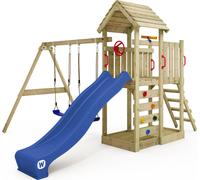 WICKEY Tour de jeux MultiFlyer toit en bois avec balançoire & toboggan, tour à grimper avec toit en bois, bac à sable, échelle & accessoires de jeu - bleu