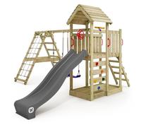 WICKEY Aire de jeux Portique bois RocketFlyer avec balançoire et toboggan anthracite Maison enfant extérieure avec bac à sable