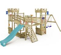 WICKEY Tour de jeux Smart Arch avec filet à grimper, double balançoire, pont basculant et toboggan - turquoise