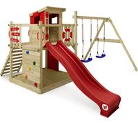 WICKEY Tour de jeux Smart Camp avec balançoire & toboggan, cabane avec bac à sable, échelle d'escalade & accessoires de jeu - rouge