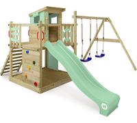 WICKEY Tour de jeux Smart Camp avec balançoire & toboggan, cabane avec bac à sable, échelle d'escalade & accessoires de jeu - vert pastel