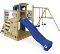 WICKEY Tour de jeux Smart Camp avec balançoire & toboggan, cabane avec bac à sable, échelle d'escalade & accessoires de jeu - bleu