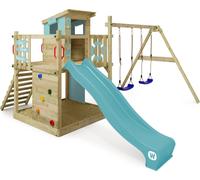 WICKEY Tour de jeux Smart Camp avec balançoire & toboggan, cabane avec bac à sable, échelle d'escalade & accessoires de jeu - bleu pastel