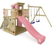 WICKEY Tour de jeux Smart Camp avec balançoire & toboggan, cabane avec bac à sable, échelle d'escalade & accessoires de jeu - rose pastel