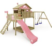 WICKEY Tour de jeux Smart Coast avec balançoire & toboggan, maison sur pilotis avec bac à sable, échelle d'escalade & accessoires de jeu - rose pastel