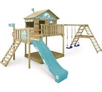 WICKEY Tour de jeux Smart Ocean avec balançoire & toboggan, maison sur pilotis avec bac à sable, échelle d'escalade & accessoires de jeu - bleu pastel