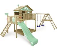 WICKEY Tour de jeux Smart Ocean avec balançoire & toboggan, maison sur pilotis avec bac à sable, échelle d'escalade & accessoires de jeu - vert pastel
